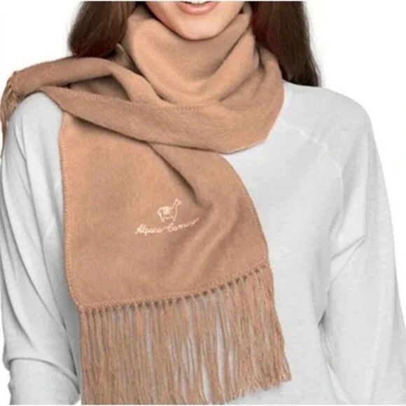 Alpaca Camargo Fringed Brown Alpaca Scarf Embroidered Brand & Logo - Picture 1 of 8